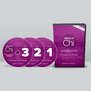 Image of "Circle of Chi DVD Set," which includes three numbered discs and a case. The set focuses on the lineage of Tai Chi Gung and is authored by Rasaji Shakti.