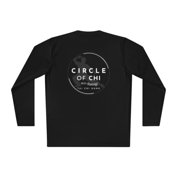 A black Unisex Lightweight Long Sleeve Tee with "Circle of Chi with Rasaji Tai Chi Gung" and a circular design on the back.