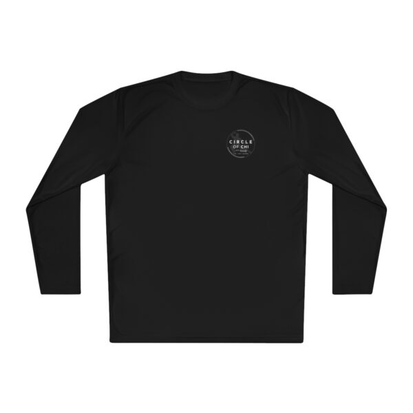 Unisex Lightweight Long Sleeve Tee with a small white circular logo on the upper left chest that reads "CIRCLE OF CALM.