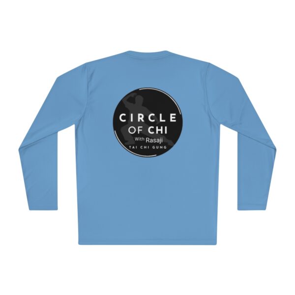 Back view of a Unisex Lightweight Long Sleeve Tee featuring a black circular logo with the text "Circle of Chi with Rasaji Tai Chi Gung.