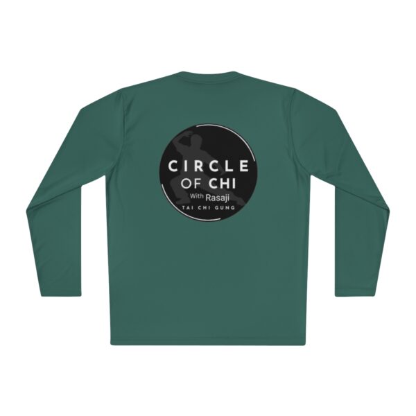 A green Unisex Lightweight Long Sleeve Tee with the text "Circle of Chi with Rasaji Tai Chi Gung" on a black circle logo on the back.