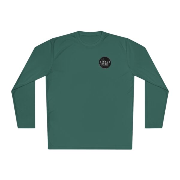 A Unisex Lightweight Long Sleeve Tee with a black circular logo on the left chest reading "Circle of Chi.