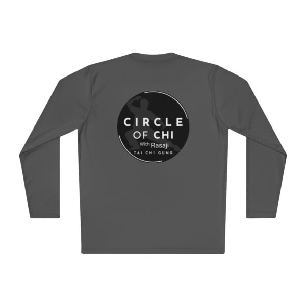 Unisex Lightweight Long Sleeve Tee with a circular logo on the back reading "CIRCLE OF CHI with Rasaji TAI CHI GUNG.