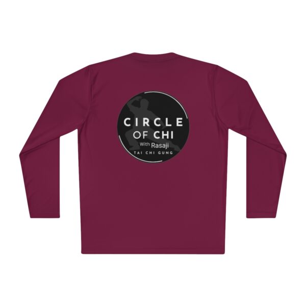 A Unisex Lightweight Long Sleeve Tee with a circular black and white logo on the back, reading "CIRCLE OF CHI with Rasaji TAI CHI GUNG.