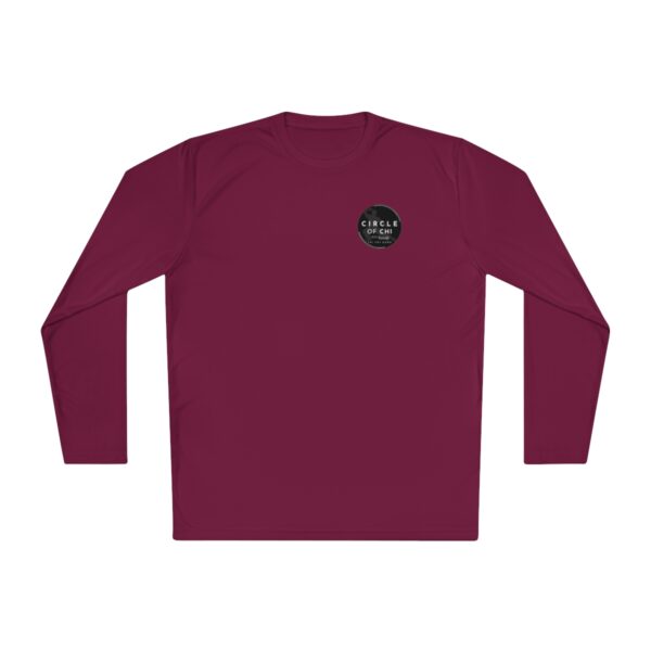 A Unisex Lightweight Long Sleeve Tee with a round, black "Circle of Calm" graphic on the left chest.