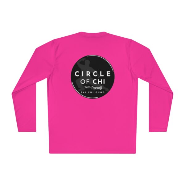 A Unisex Lightweight Long Sleeve Tee with a black and white circular logo on the back, reading "Circle of Chi with Rasaji Tai Chi Gung".