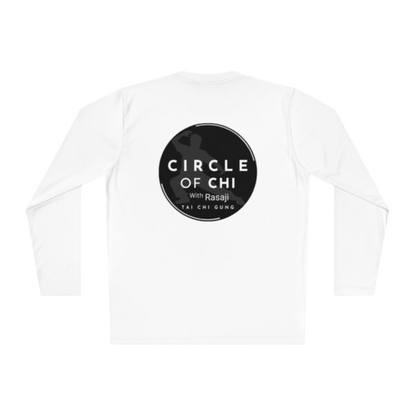 Unisex Lightweight Long Sleeve Tee with a circular black logo on the back reading "Circle of Chi with Rasaji Tai Chi Gung.