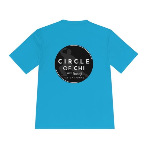 Circle of Chi Athletic Tee with a black circle logo on the back that reads "Circle of Chi with Rasaji Tai Chi Gung" featuring an image of a person in a Tai Chi pose.