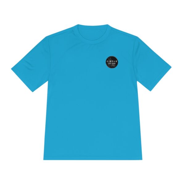 A bright blue Circle of Chi Athletic Tee with a small black circular logo on the left chest that reads "CIRCLE OF GIN.