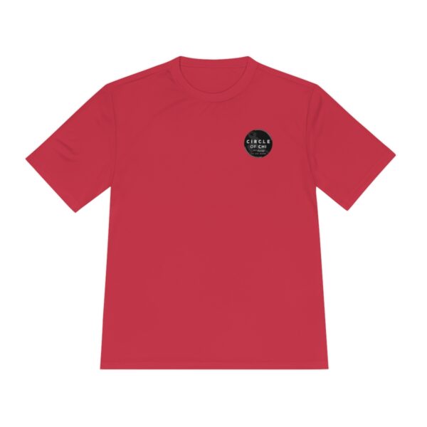 A red Circle of Chi Athletic Tee with a small black circular logo on the upper left chest area that reads "CIRCLE OF GAIN.