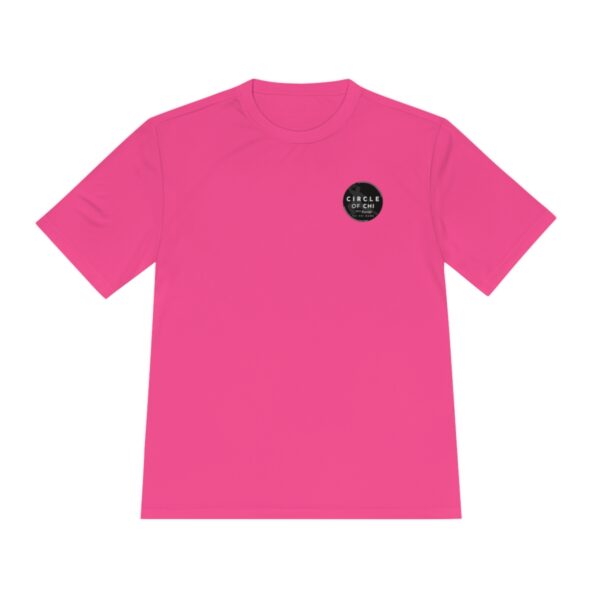 A bright pink Circle of Chi Athletic Tee featuring a small black circle on the left side of the chest with the text "Circle of Chi" inside it.