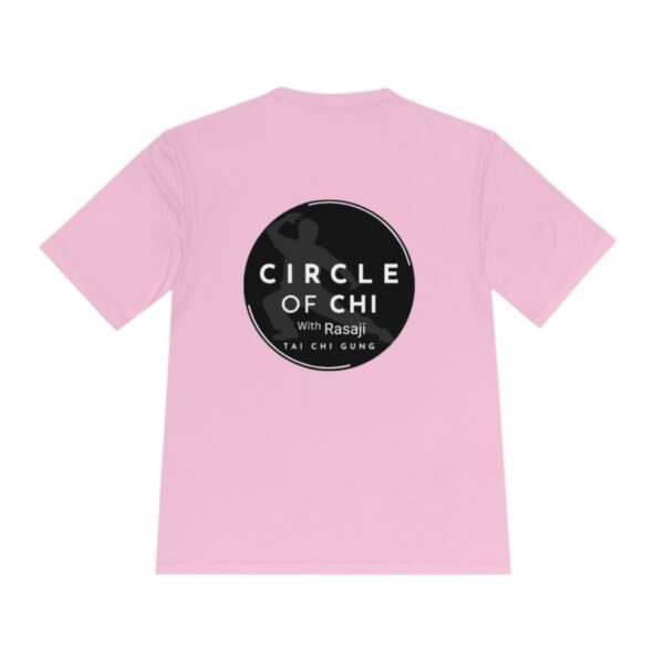 Light pink Circle of Chi Athletic Tee with a black circular logo on the back. The logo features the text "CIRCLE OF CHI with Rasaji Tai Chi Gung".