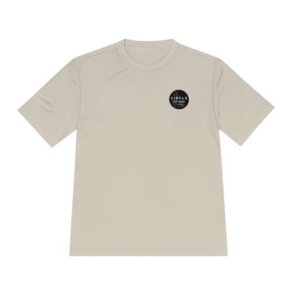 A beige short-sleeve t-shirt with a small circular black logo on the left chest that reads "Circle of Chi Athletic Tee".