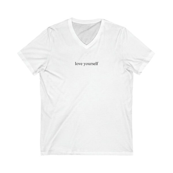 A white Circle of Chi Short Sleeve V-Neck Tee with the text "love yourself" printed in small, lowercase letters on the front.