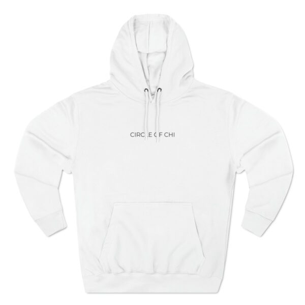 A white Three-Panel Fleece Hoodie with a front kangaroo pocket and drawstrings, featuring the text "CIRCLE OF CHI" printed in small capital letters across the chest.