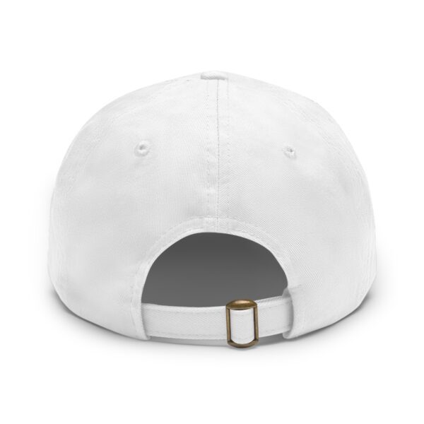 Back view of a white Love Yourself Dad Hat featuring an adjustable strap with a brass buckle.