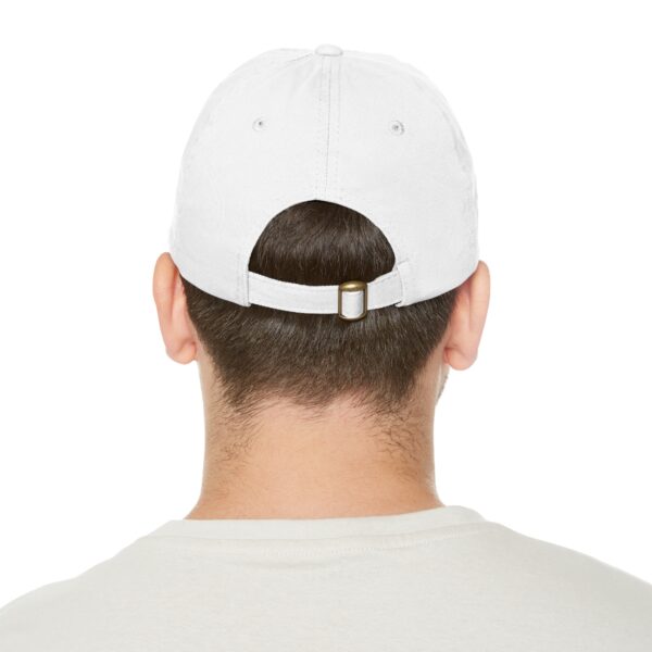 Person wearing a white Love Yourself Dad Hat and a white t-shirt, viewed from behind.