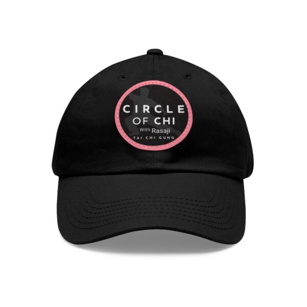 A Circle of Chi Dad Hat with Leather Patch featuring a circular logo with the text "CIRCLE OF CHI with Rasaji - Tai Chi Gung" in the center.