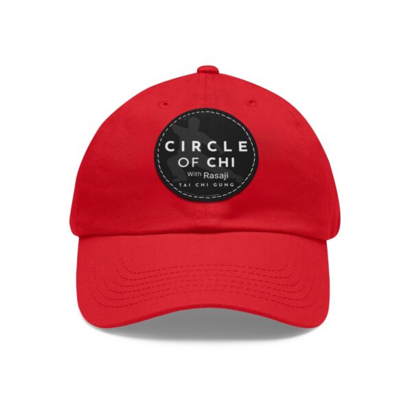 A Circle of Chi Dad Hat with Leather Patch featuring a circular black and white logo with the text "CIRCLE OF CHI with Rasaji TAI CHI GUNG.